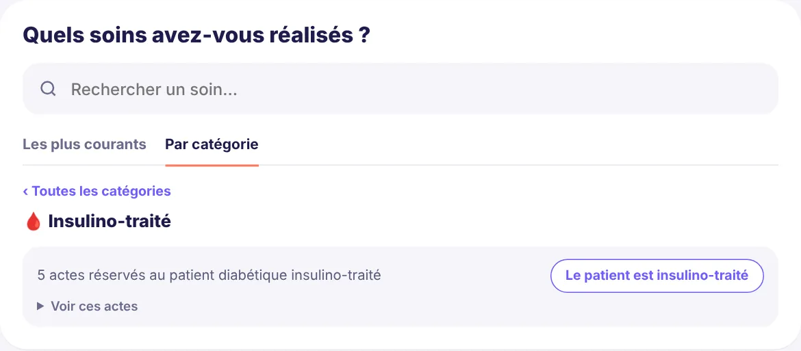 Catégorie Insulino-traité : les actes réservés se débloquent avec le bouton « Le patient est insulino-traité »