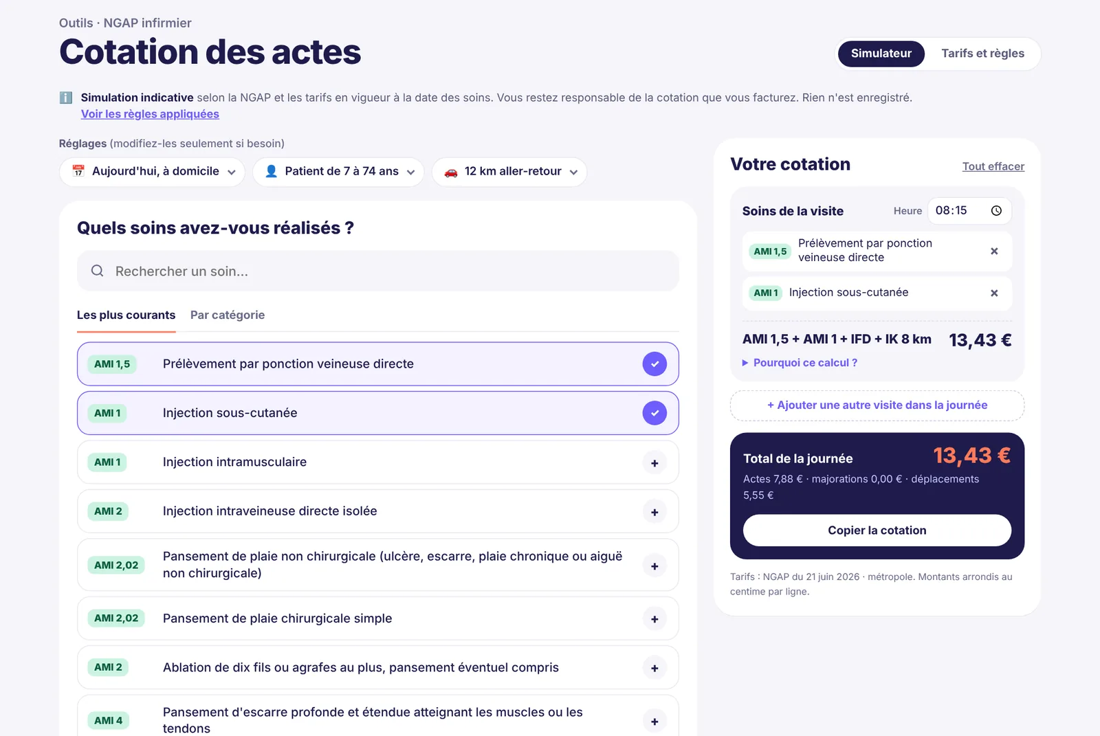 Simulateur de cotation MediContrat : les soins les plus courants à gauche, la cotation de la visite et le total de la journée à droite